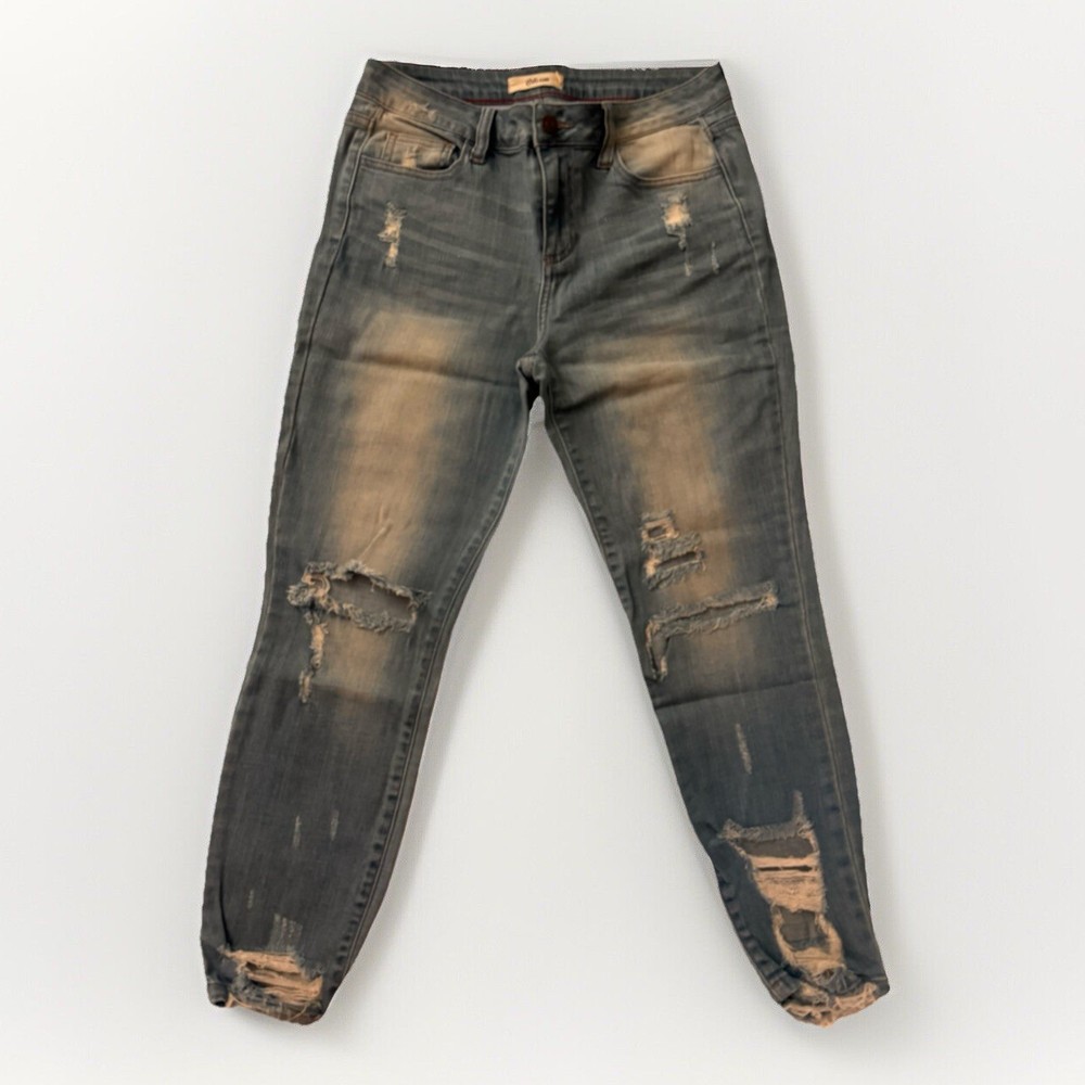 Womens High Rise Skinny Distressed Med Wash Denim Stretch Jeans Cello Sz 9