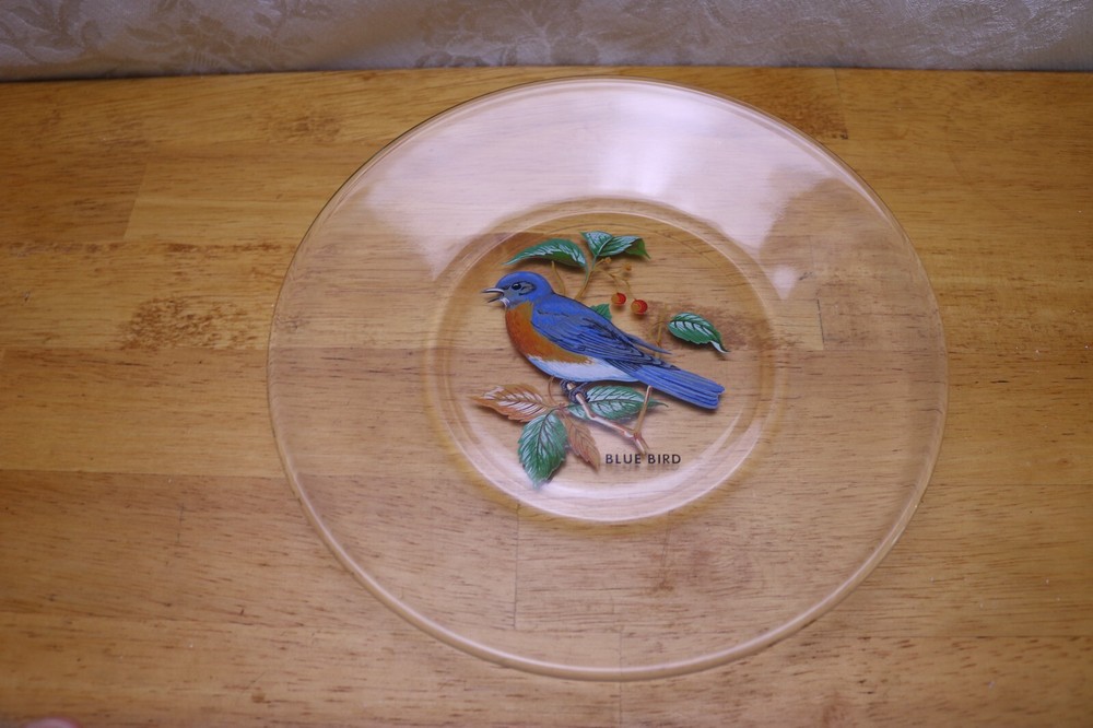 Vintage Clear West Virginia Glass BLUE BIRD Decorative Songbird Gold Rim Plate