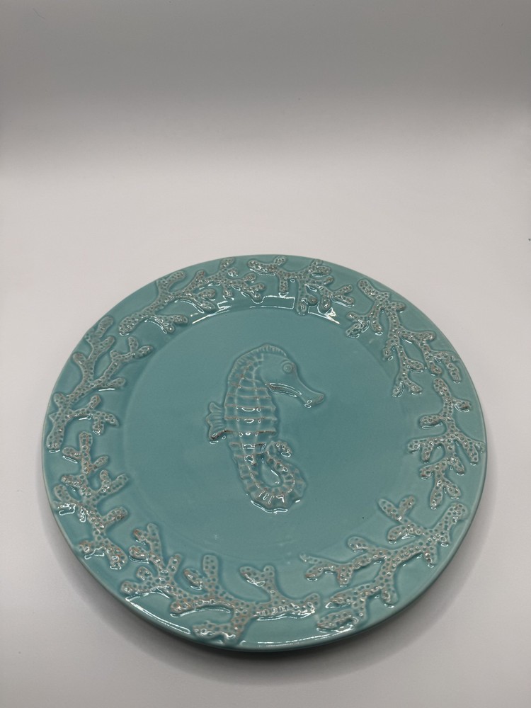 Set of 4! Cracker Barrel Sand-Washed  Aqua Beach Themed Embossed Plates