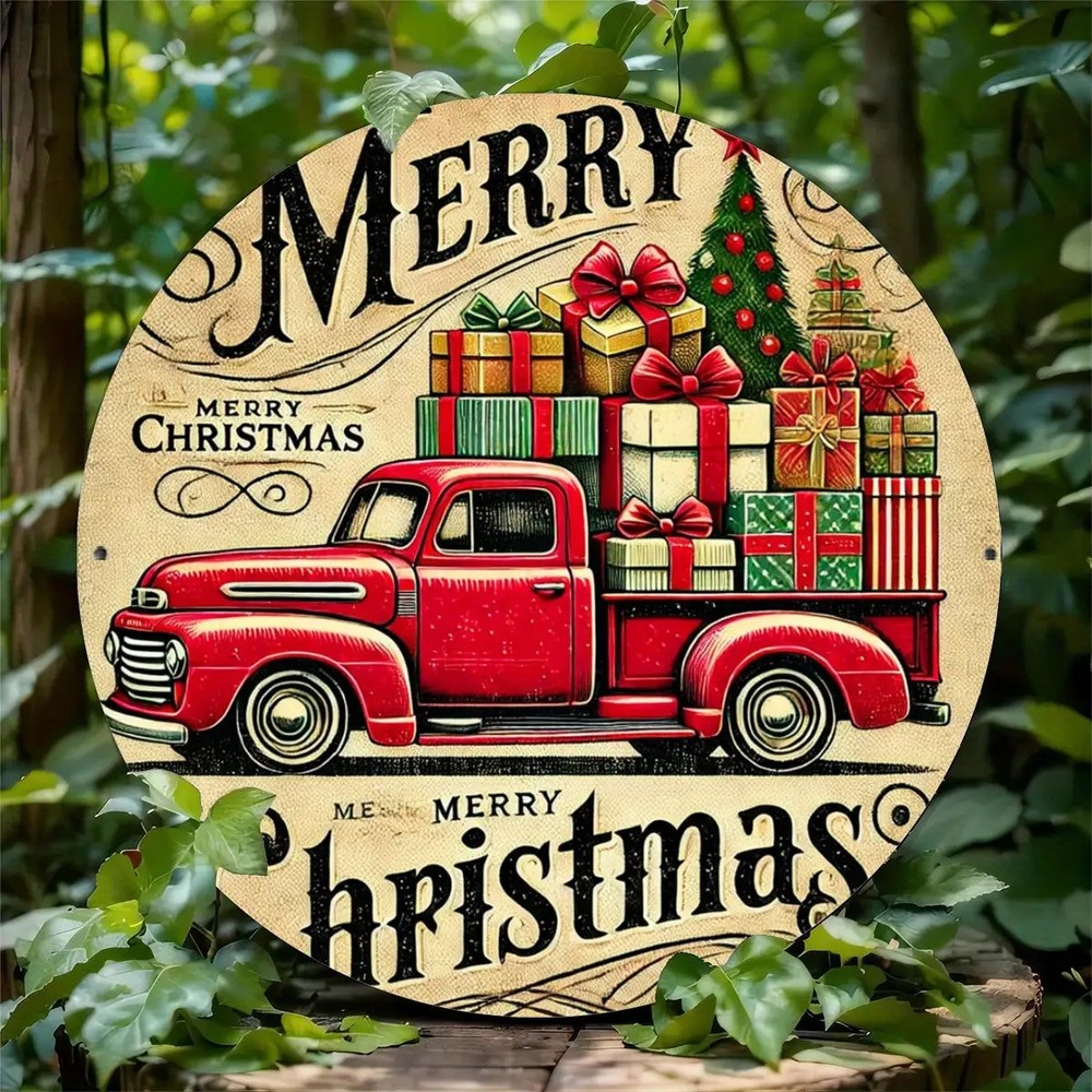 Vintage Red Truck Merry Christmas Aluminum Metal Wall Sign