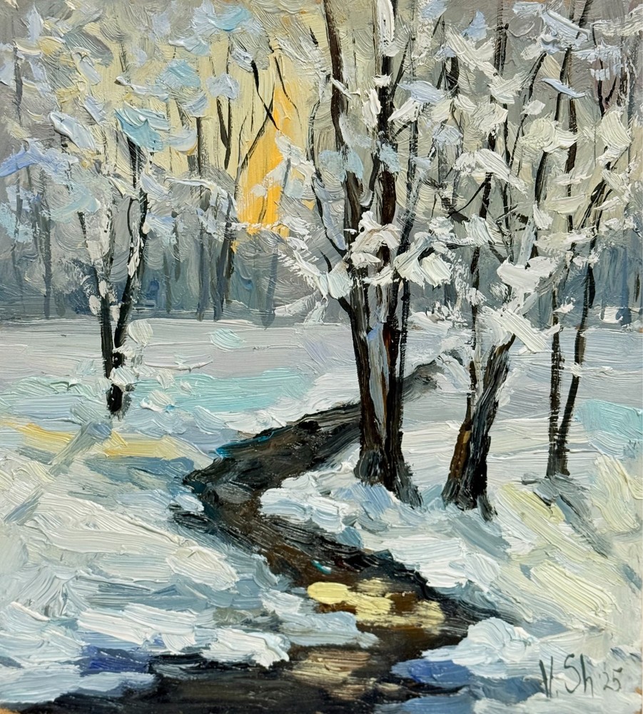 Original Oil Painting Winter Sunset Landscape Forest Impressionism Art Signed