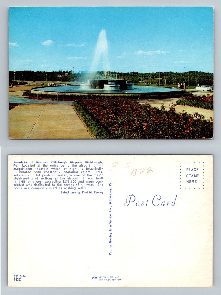 Pittsburgh, PA-Pennsylvania Greater Pittsburgh Airport Fountain Vintage Postcard
