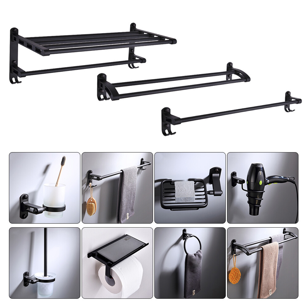 9PCS Black Aluminum Wall Mounted Bathroom Hardware Set with Towel Bar