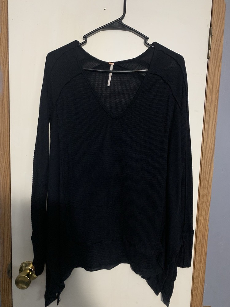 Free People Women’s Black Laguna Ribbed Tunic Long Sleeve Pullover V Neck XS