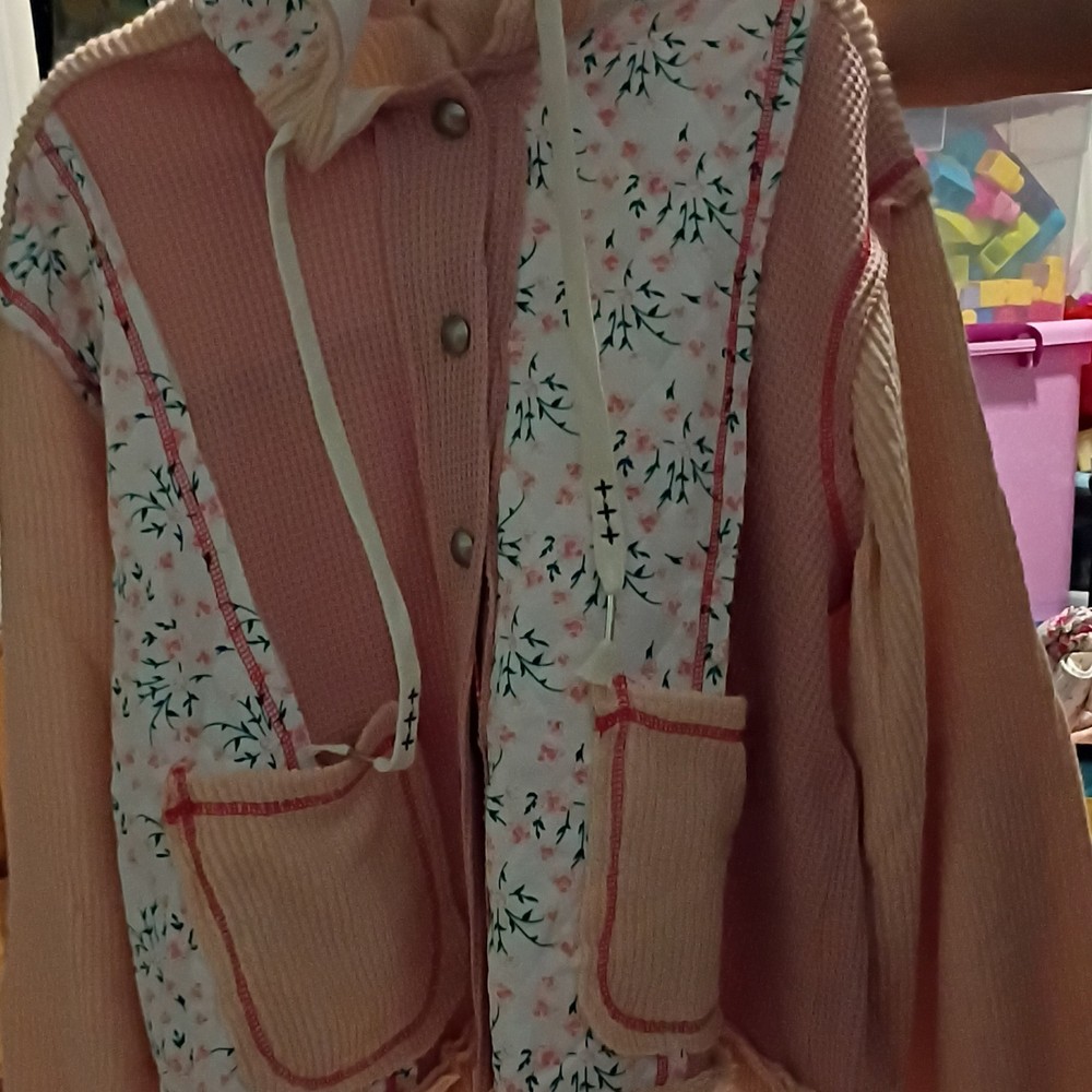 Women's Pink Floral Hooded Full Zip Knit Hoodie Long Sleeve Size S Regular