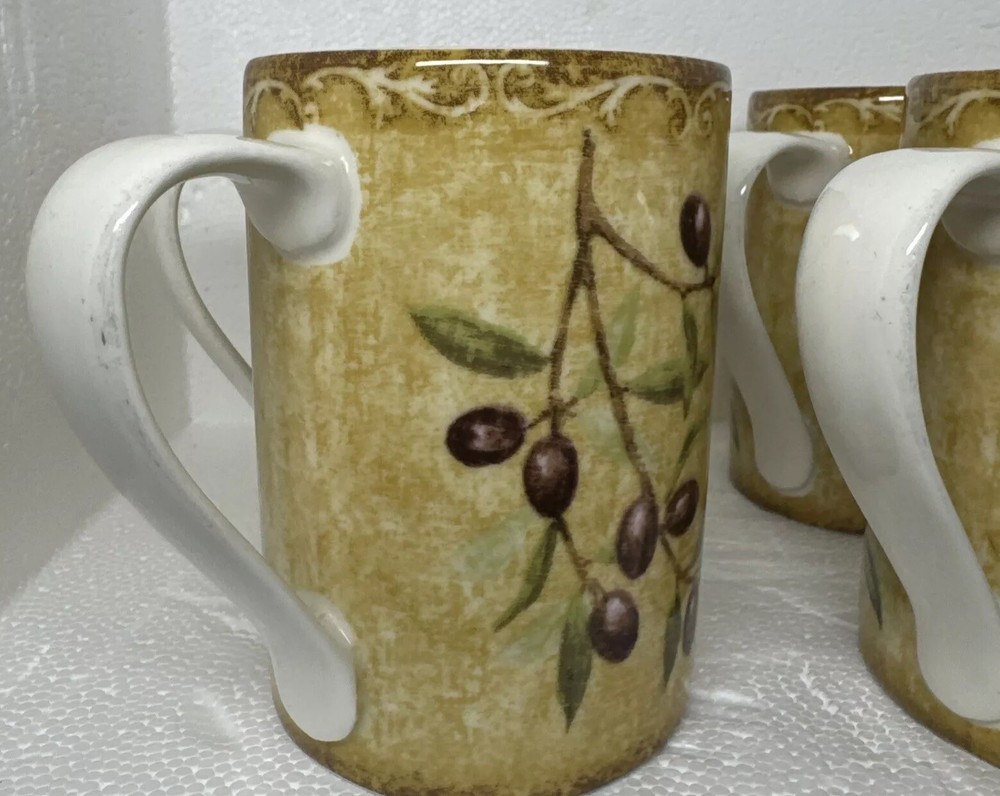 222 FIFTH Set Of  3 Coffee Mugs 10oz Fine Porcelain OLIVETO Olive Branch Print