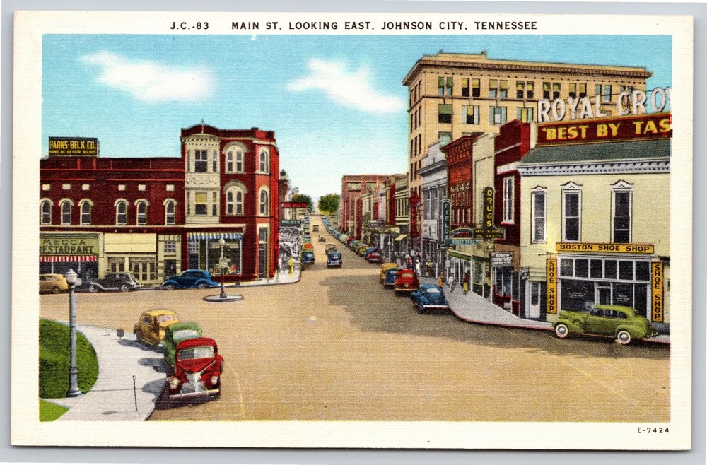 Johnson City Tennessee~Main Street Looking East~Vintage Linen Postcard
