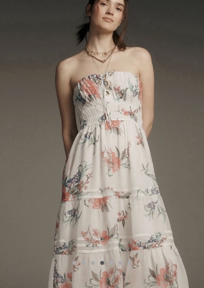 NWT Anthropologie The Somerset Strapless Chiffon Midi Dress Floral Size XS