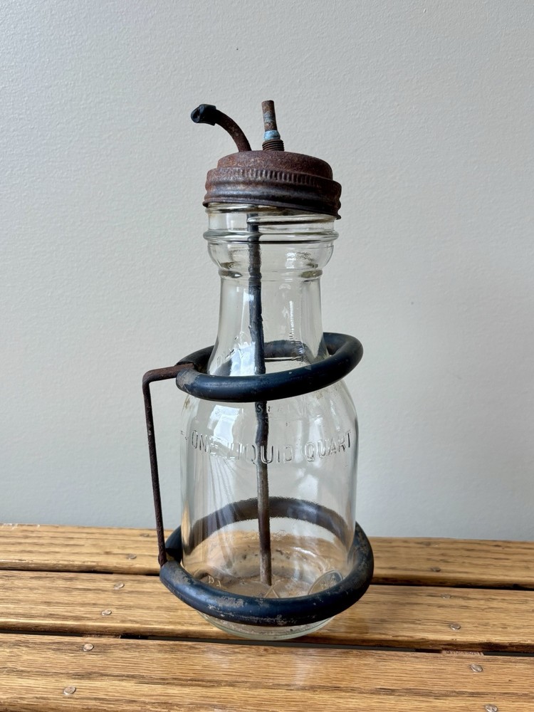 Glass Oil Dispenser Bottle with Cap & Holder - 1 Qt Duraglas Embossed Oiler  