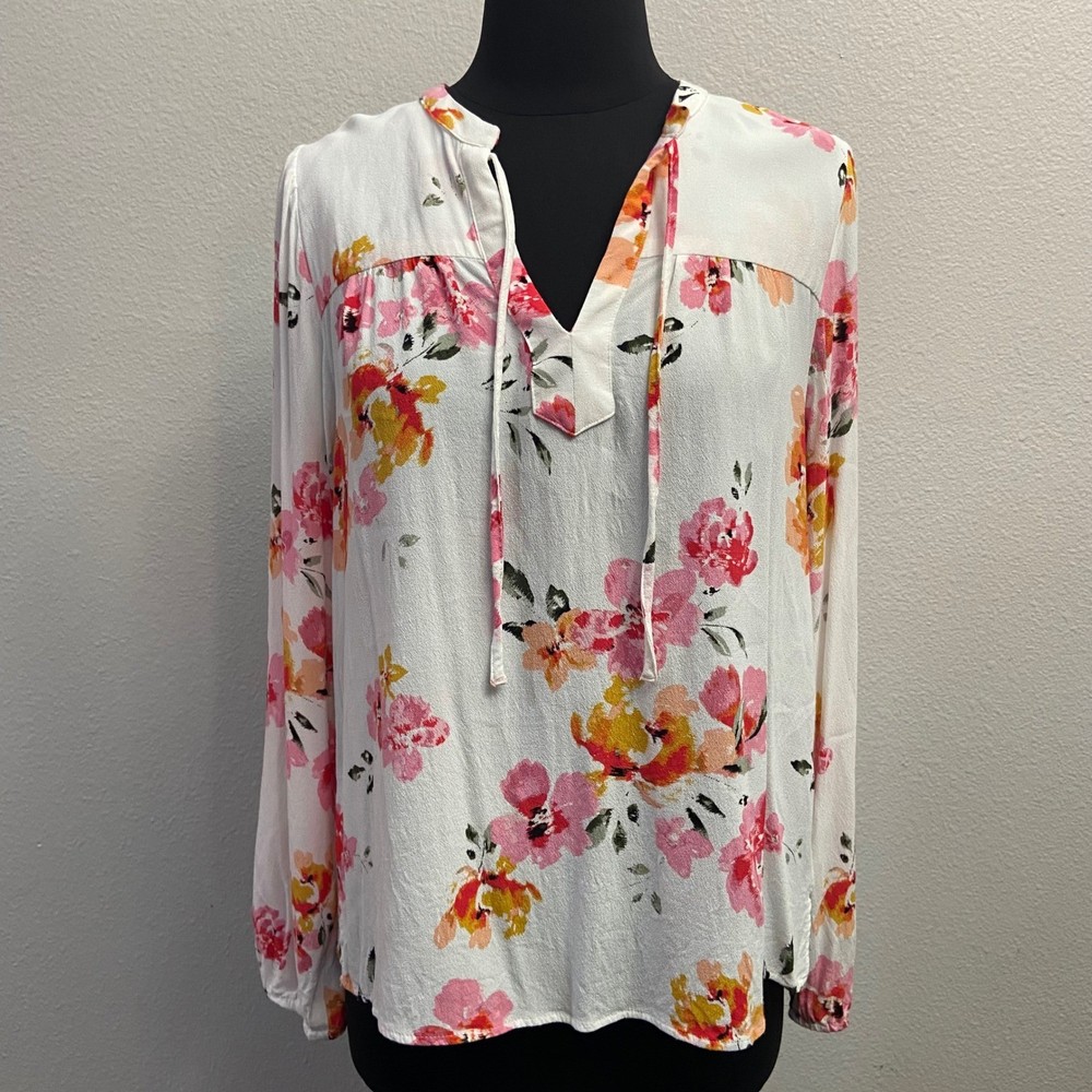 LOFT Women's White Floral Print Long Sleeve Tie Neck Blouse Top Size Medium