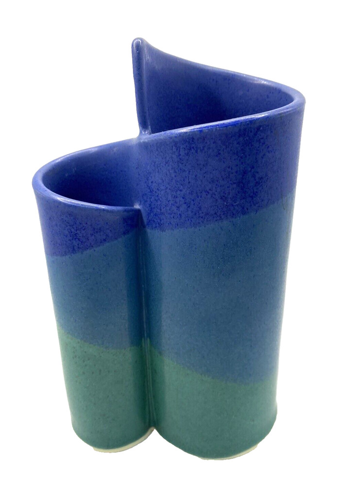 Vintage Studio Pottery Blue & Green Stripe Two-Ribbon Stoneware Vase, Signed
