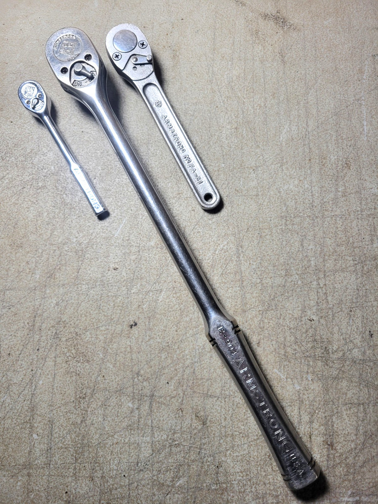 3 Vintage Armstrong ratchets USA made 1/4'' 3/8'' & 1/2 drive good user tools