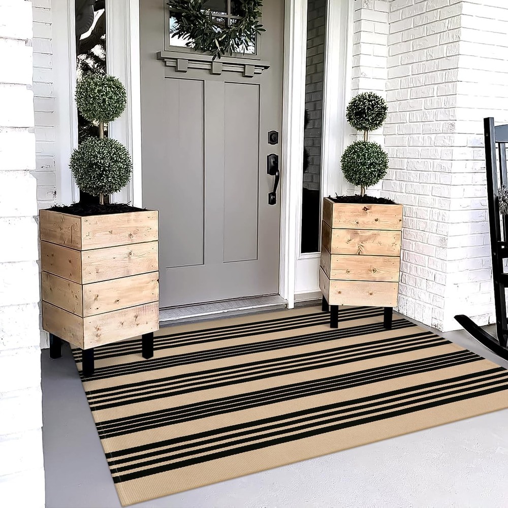 OJIA Outdoor Rug 3x5, Black and Tan Area Rug Machine Washable Rugs Cotton Han...