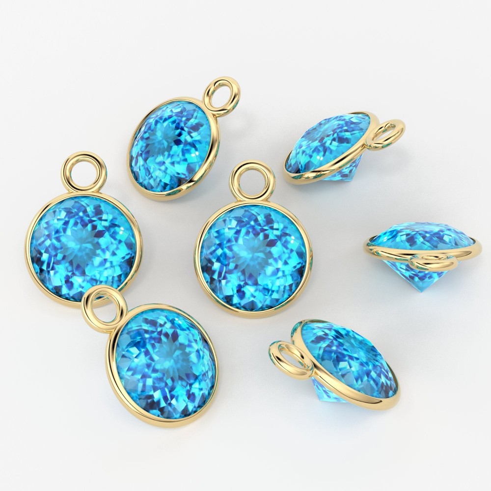 14k Solid Yellow Gold Natural Swiss Blue Topaz Charm November Birthstone Pendant