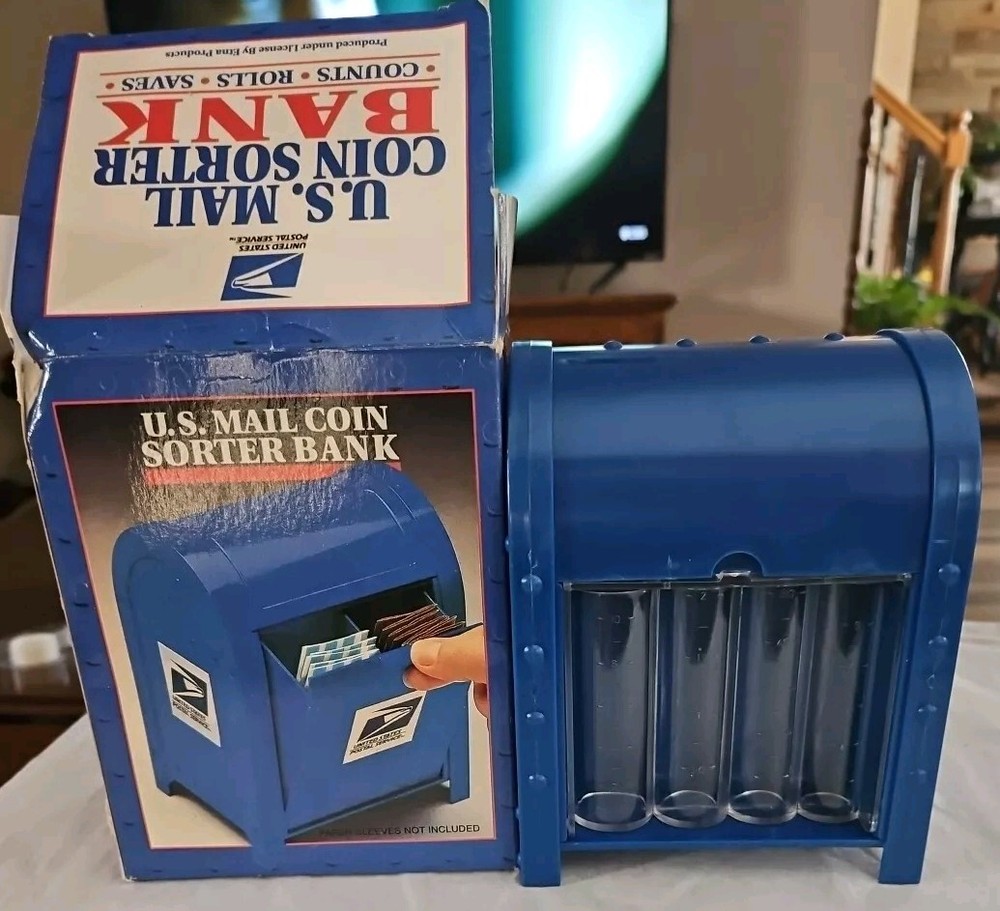 Vintage U.S. BANK J.S.N.Y. Plastic Coin Sorter Bank Blue With Box