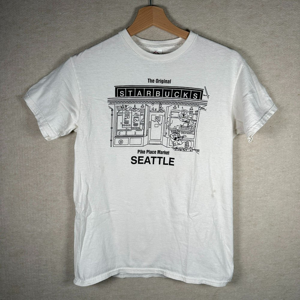 Vintage Starbucks Graphic Shirt Mens Small White Pike Place Market Seattle