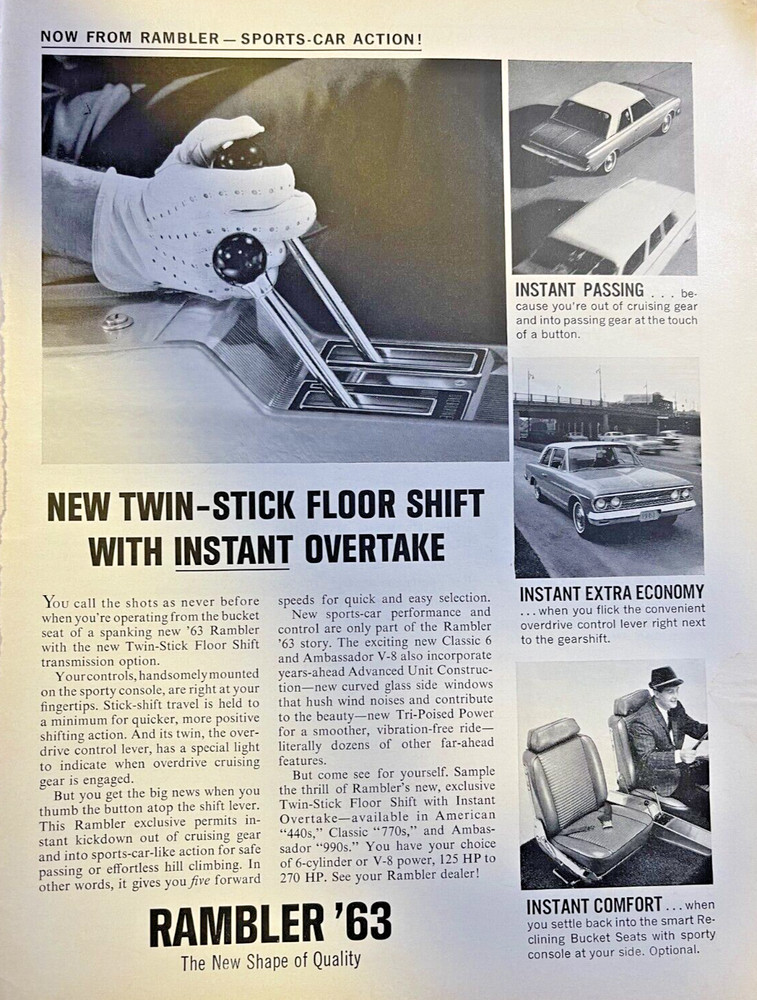 1963 Vintage Magazine Advertisement Rambler New Twin Stick Floor Shift