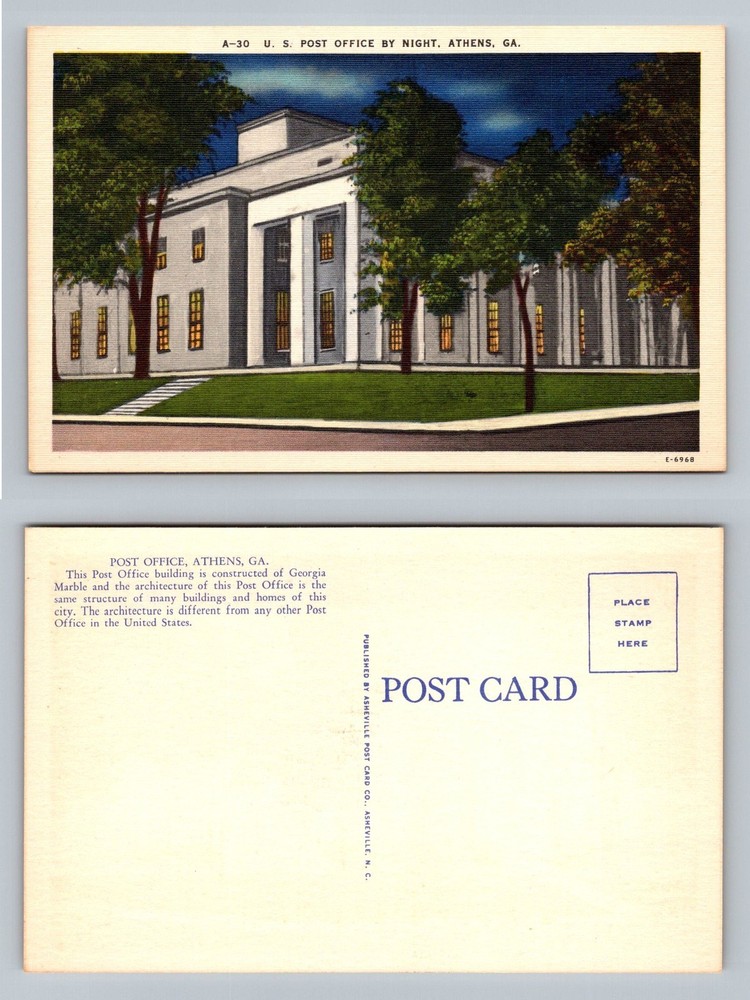 Athens, GA-Georgia, U.S. Post Office Night View Georgia Marble Vintage Postcard