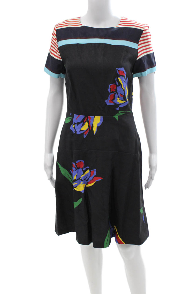Suno Women Fit & Flare Midi Dress Black Floral Crew Neck Short Sleeve Size 6Free Shipping in US $100+ Orders | $6.95 Orders Below