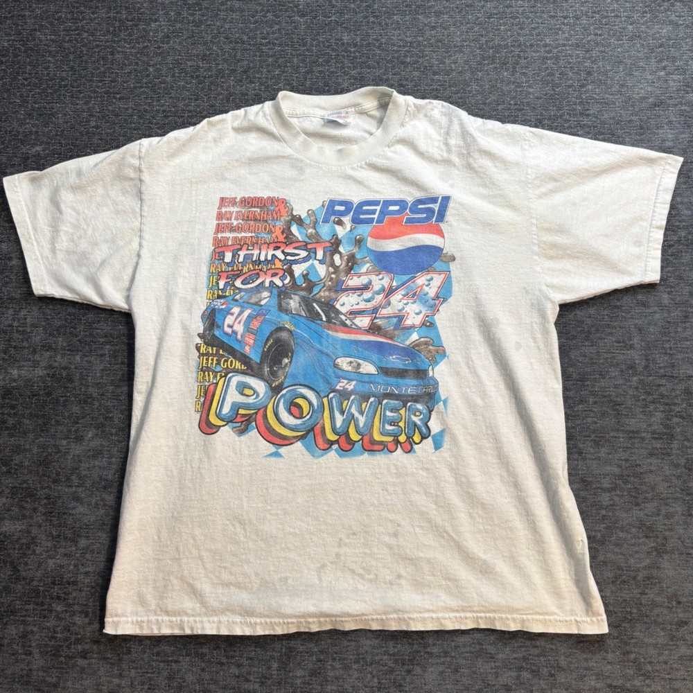 Vintage Jeff Gordon Pepsi Thirst For Power NASCAR T Shirt White XL Nascar Y2K