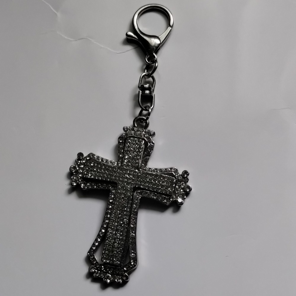 Silver Metal Rhinestone Religious Cross Keychain Charm w/ Carabiner Clip