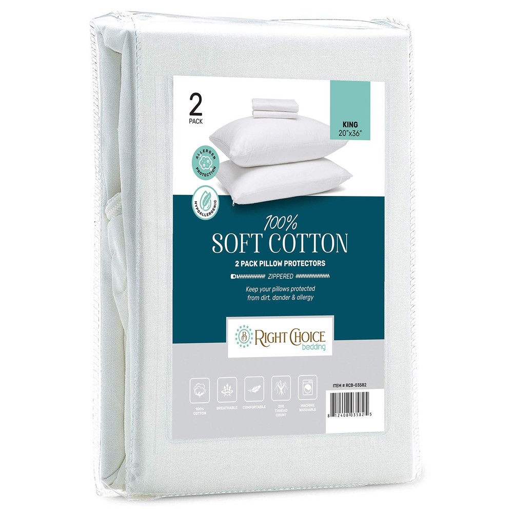 Cotton Pillow Protectors with Zipper. Zip Up Pillowcase King Size 20x36 (Set .