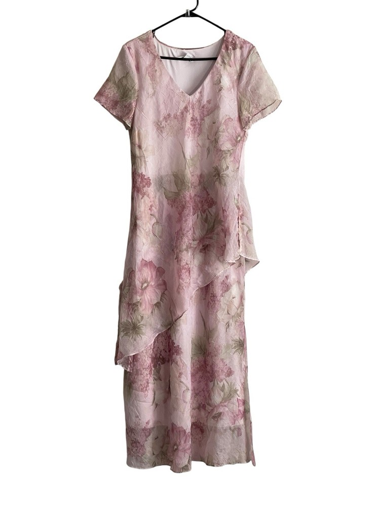 Vtg Miss Dorby Dress 14 Pastel Pink Floral Layered Maxi Cottagecore Fairy