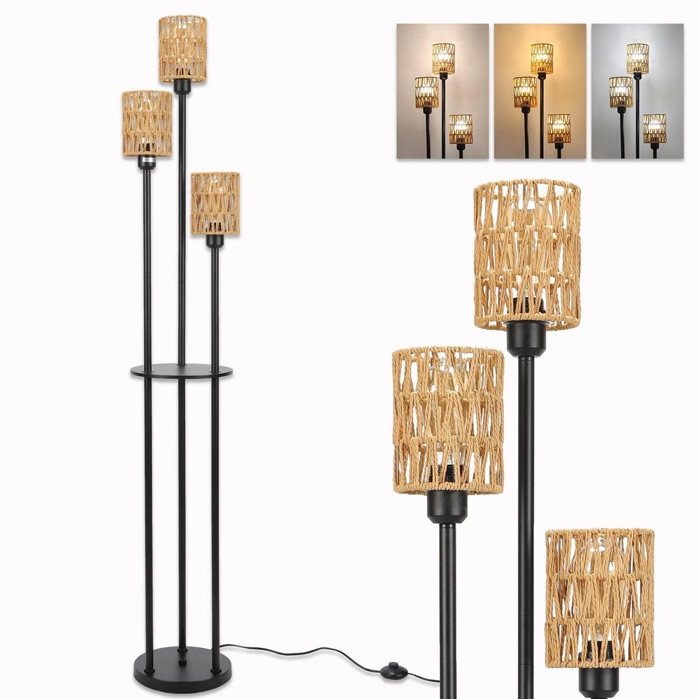 Boho Floor Lamp with Shelves 3-Lights Farmhouse Tall Floor Lamp Rustic Bohemian