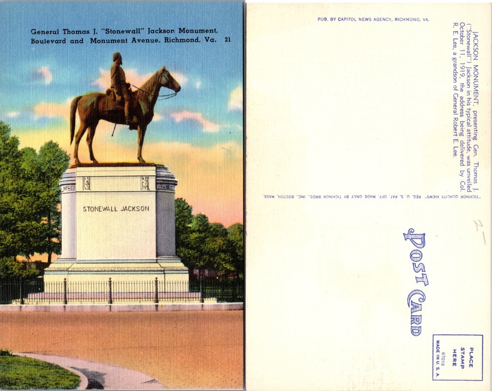 Virginia Stonewall Jackson Monument Richmond Postcard