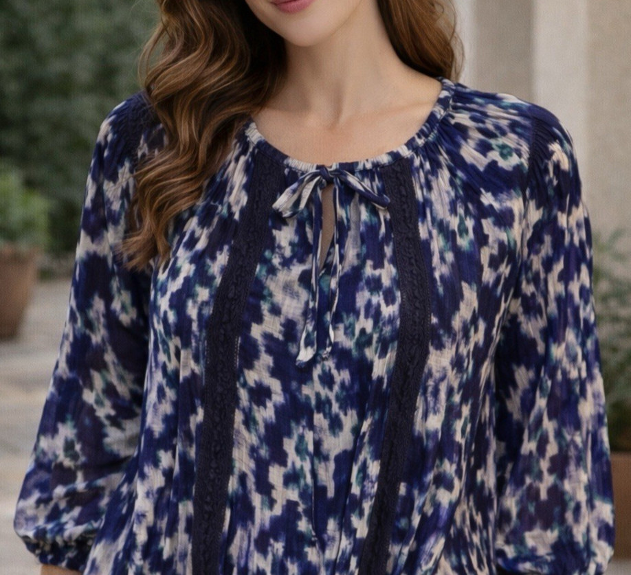 Express Peasant Blouse Size M White & Blue Watercolor Pattern Boho breezy sheer