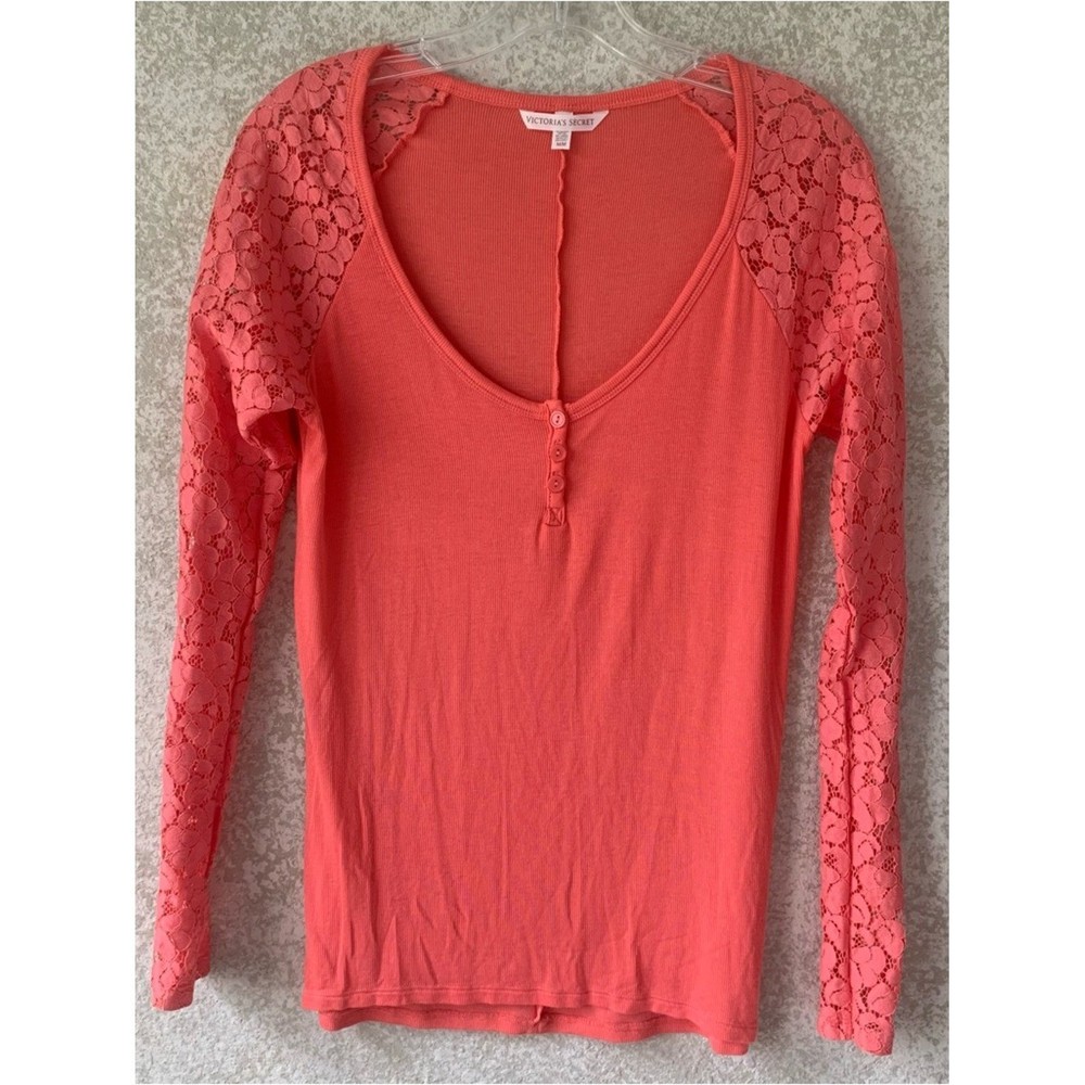 Victoria's Secret Women's Medium  Coral Lace-Sleeve Long Sleeve Top Y2K Relaxed