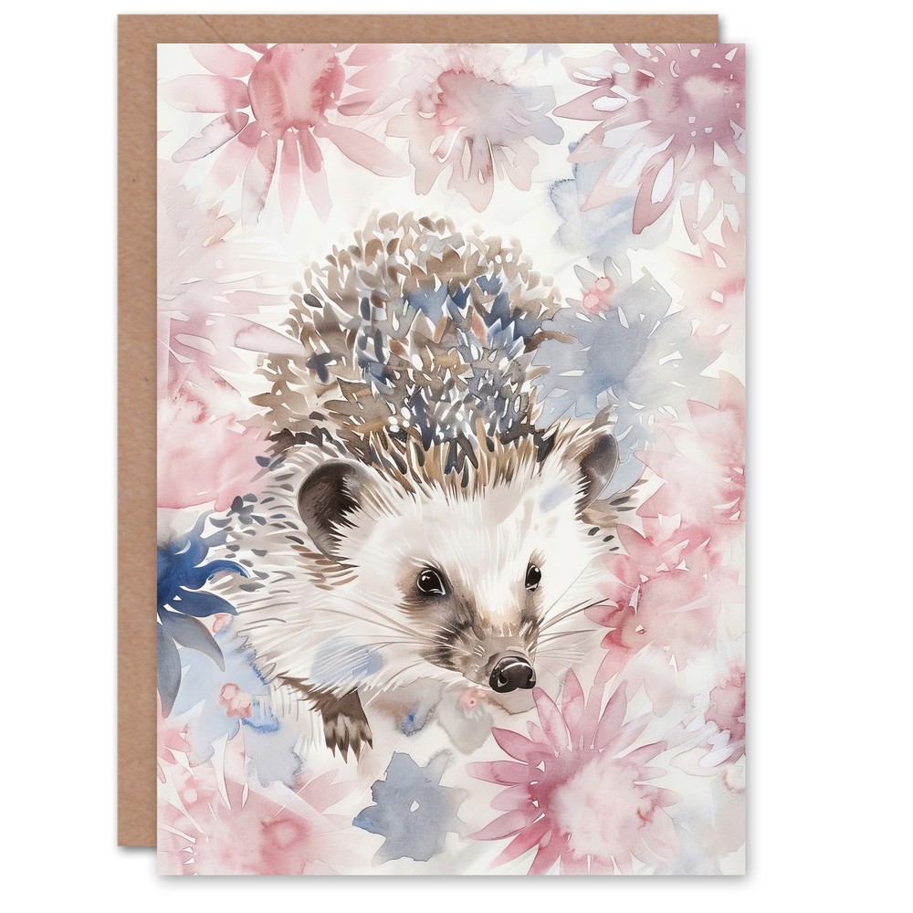 Greeting Card Watercolour Hedgehog and Flowers Pink Pastel Blank Birthday