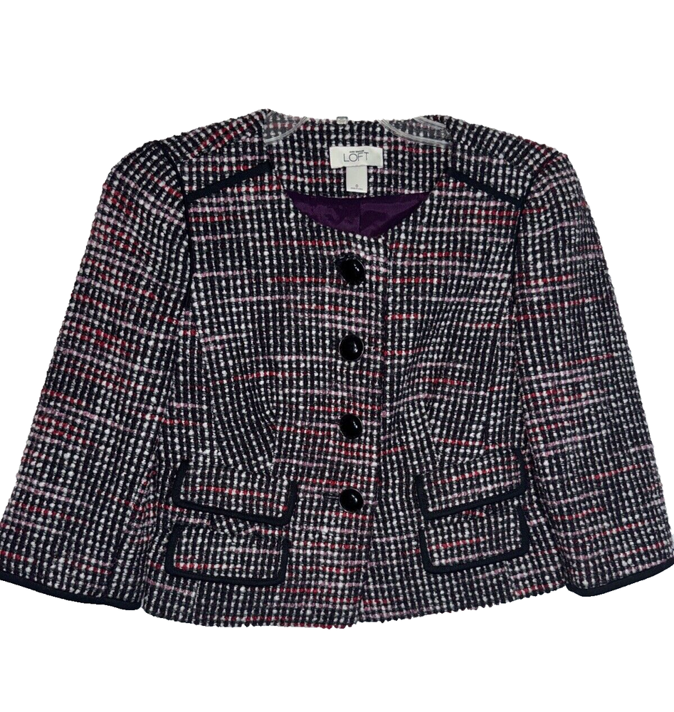 Ann Taylor LOFT Womens Tweed Jacket Multicolor Button Pockets Wool Blend Size 0