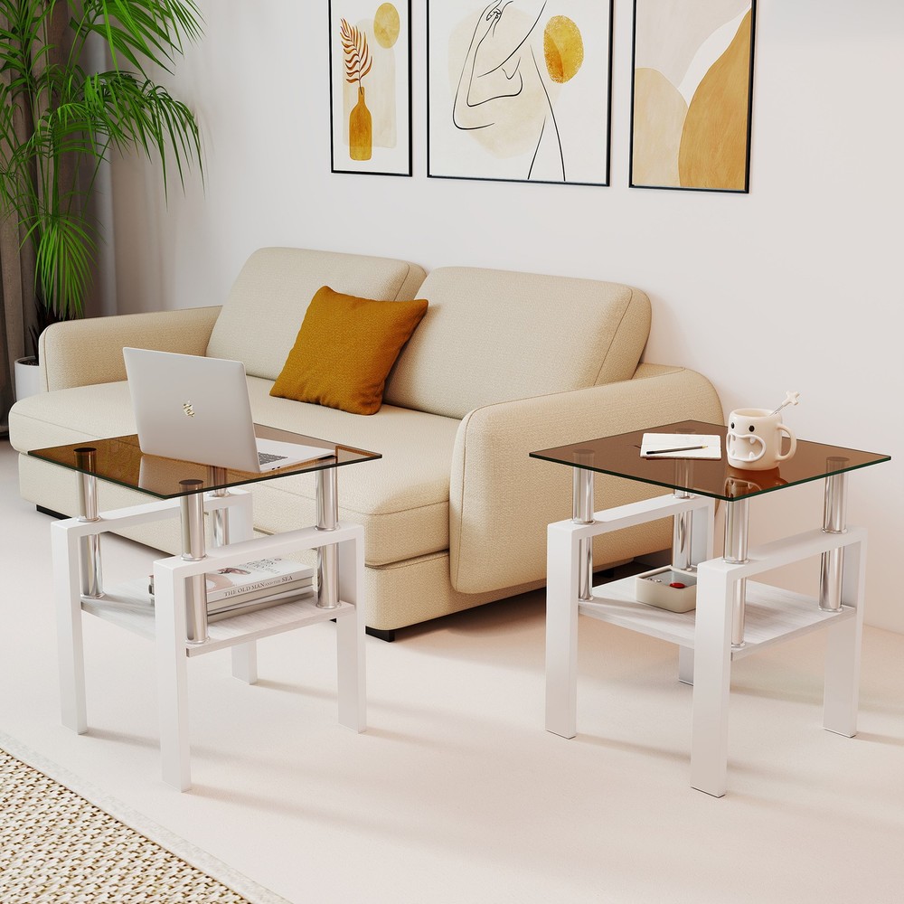 Modern Tempered Glass Set of 2 Coffee Table Tea Table Square Table End Table
