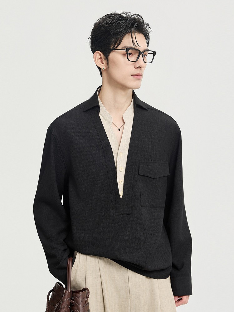 Spring V Neck Men's Layered Design Tops Long Sleeve Shirts Pullover Casual Loose