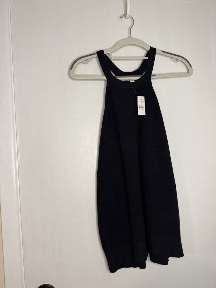 LOFT Women’s Black Solid Scoop Neck Ribbed Stretch Knit Tank Top Viscose L