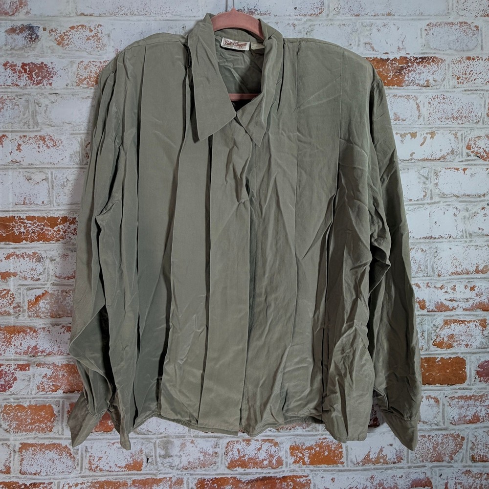 Silk Dragon Button Down Blouse Womens XL Sage Green Silk Long Sleeve Vintage
