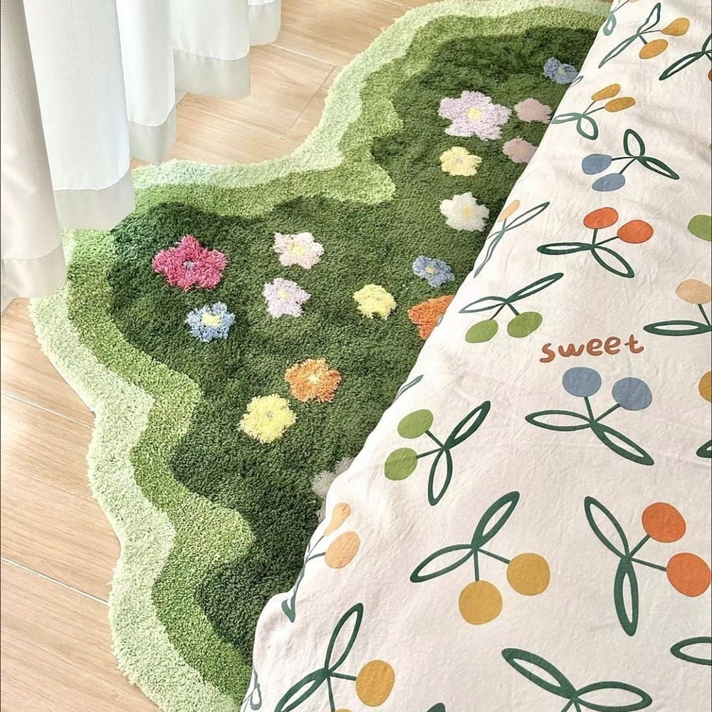 Cute Garden Flower Moss Rug for Bedroom, Lovely Green Moss Carpet Living Room, I