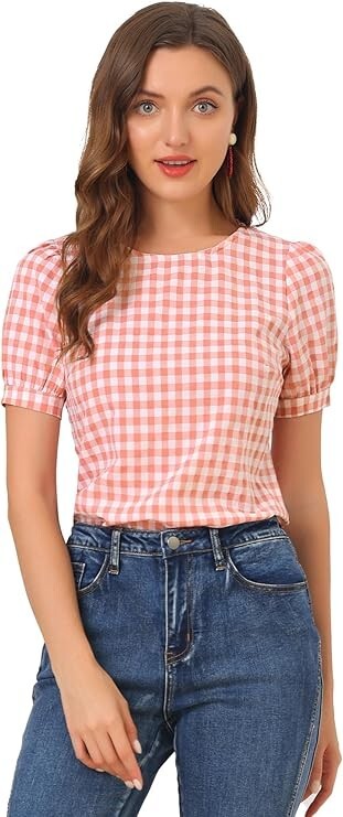 Allegra K Pink White Gingham Puff Sleeve Blouse Small Checkered Crew Neck Top