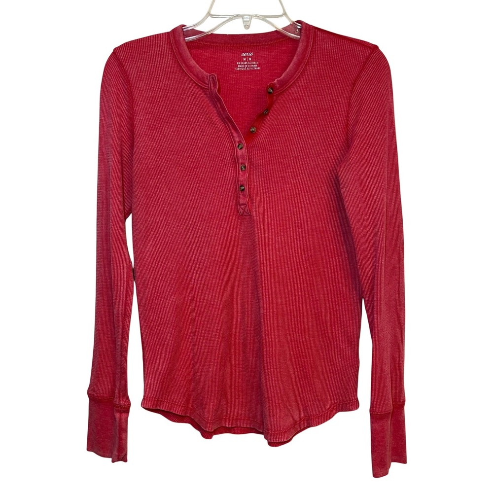 Aerie Shirt Long Sleeve Thermal Waffle Henley Red Distressed Medium