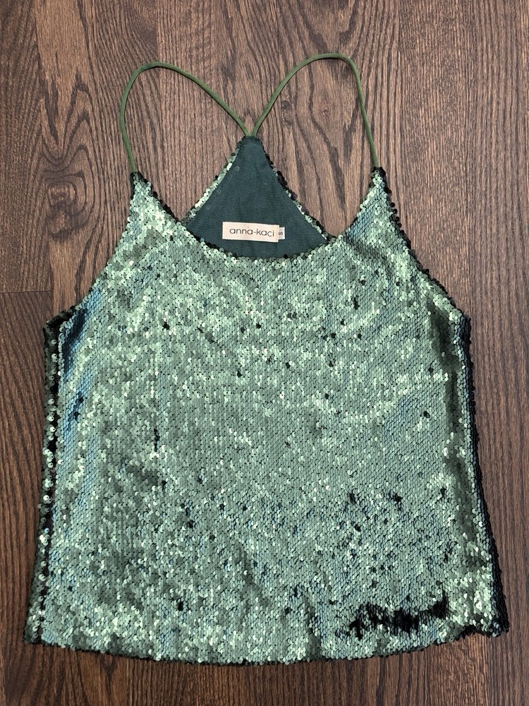 Anna-Kaci Women’s Sequined Dark Green Sleeveless Top Size Small
