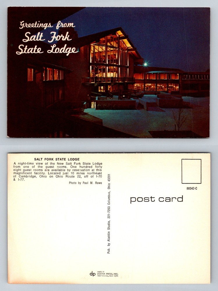 Cambridge, OH-Ohio Salt Fork State Lodge Night View Glass Front Vintage Postcard