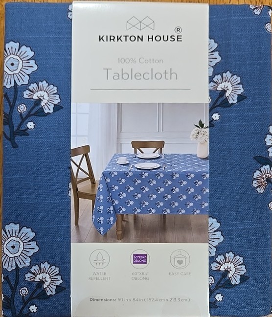 100% Cotton Block Floral Oblong Tablecloth 60 x 84 in Water Repellent Easy Care