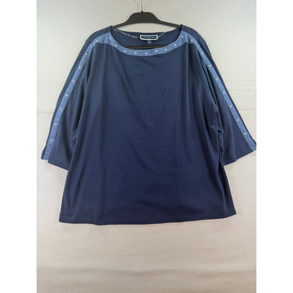 Karen Scott Womens Navy Blue 3X 3/4 Sleeve Rhinestone Trim Boat Neck Top
