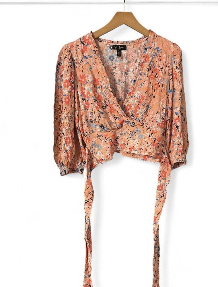 Jessica Simpson Orange Floral V-Neck Blouse Size Small Tie Waist Long Sleeve Top