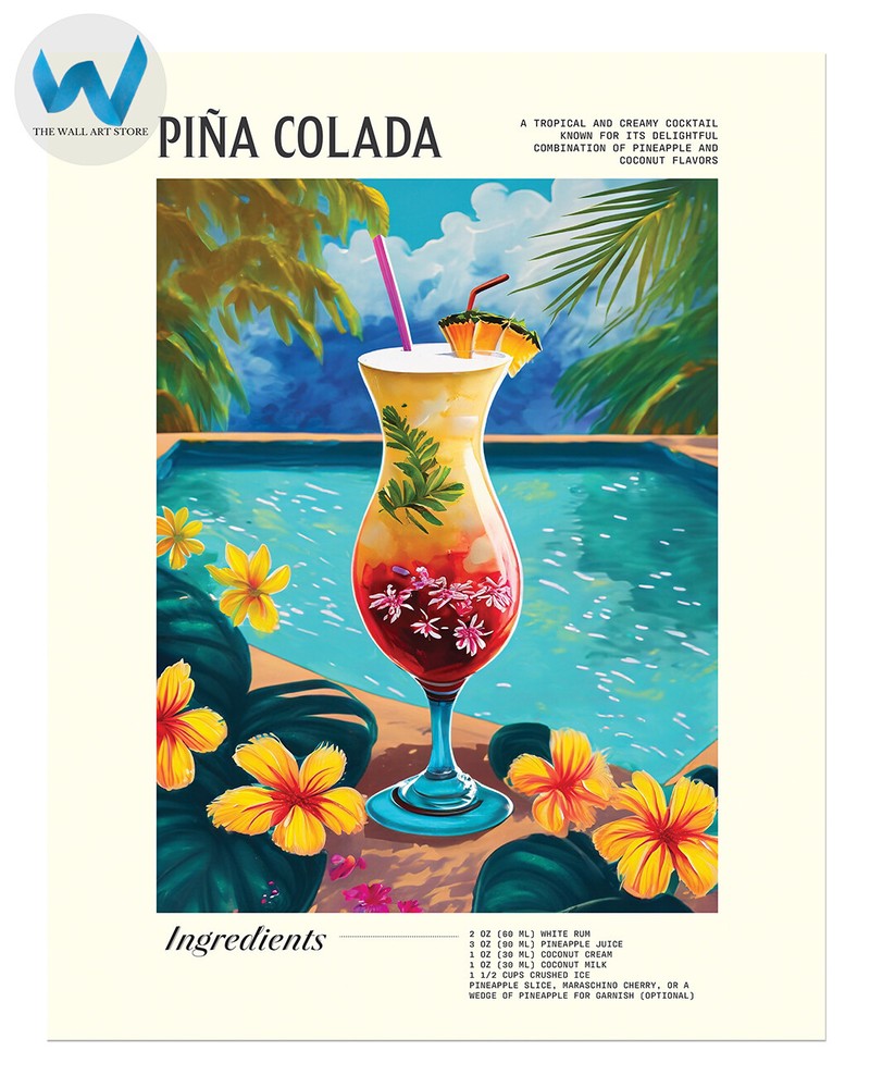 Piña Colada Cocktail Recipe Poster Tropical Bar Wall Art 12X16/16X20/18X24/24X36