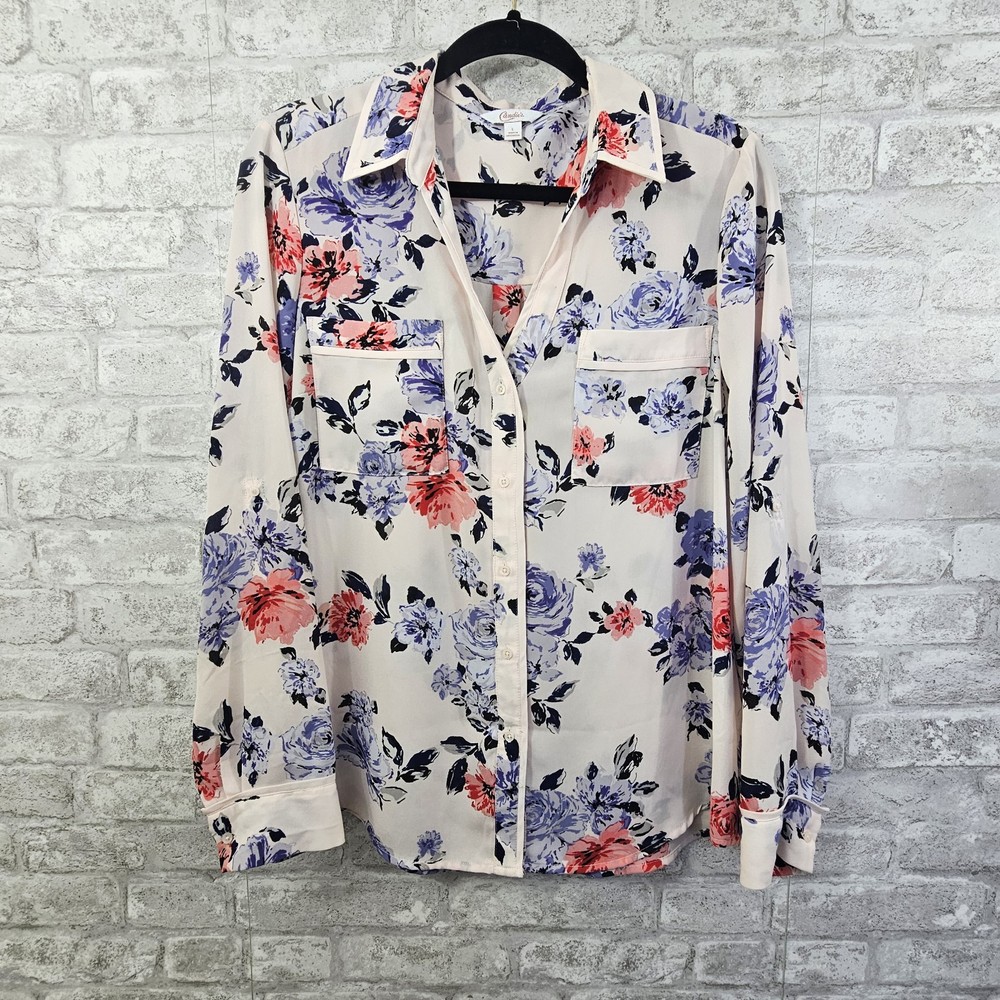 Candies Womans Size Large Top White Blue Floral Button Up Blouse Pockets