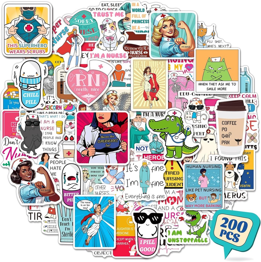 200 Pcs Funny Nurse Stickers, Nursing Stickers Gifts for White; Blue; Pink