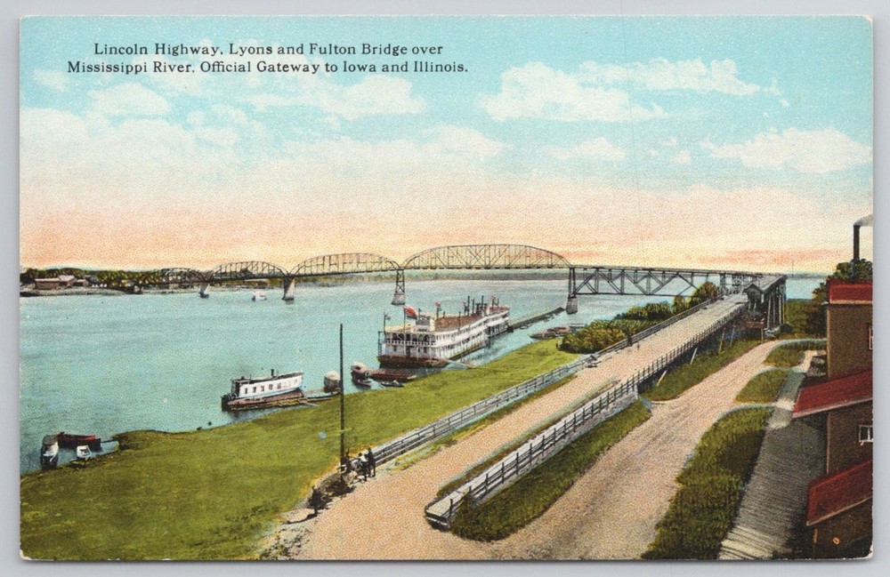 Lincoln Hwy Lyons Fulton Bridge Mississippi River IA IL Photocrom Postcard