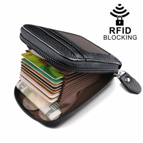 Men's Leather Credit Card Wallet RFID-Blocking Zipper Pocket ID Window Wallet